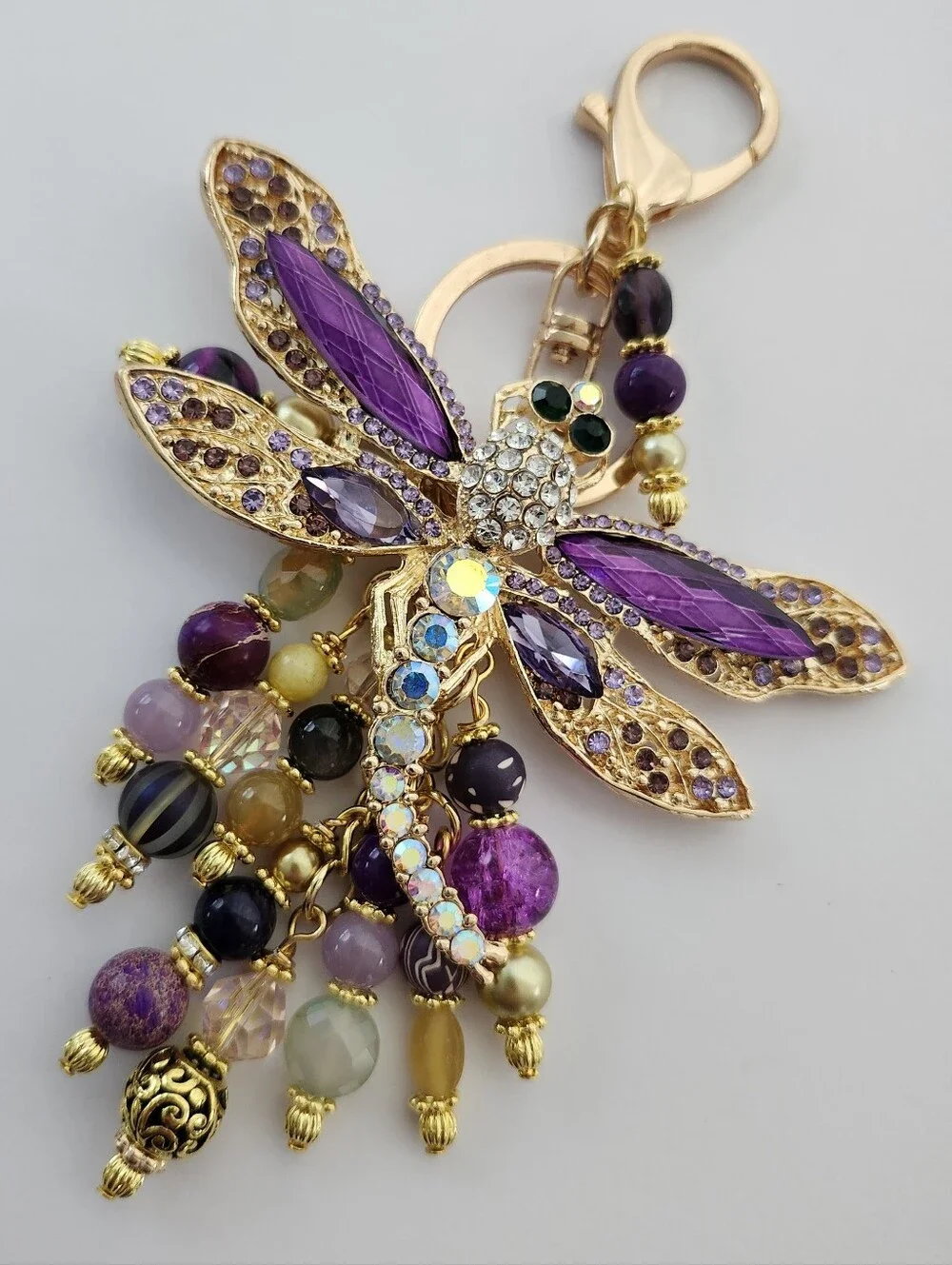 Dragonfly Rhinestone Purse Charm Amethyst Aurora Tigers Eye Handcrafted